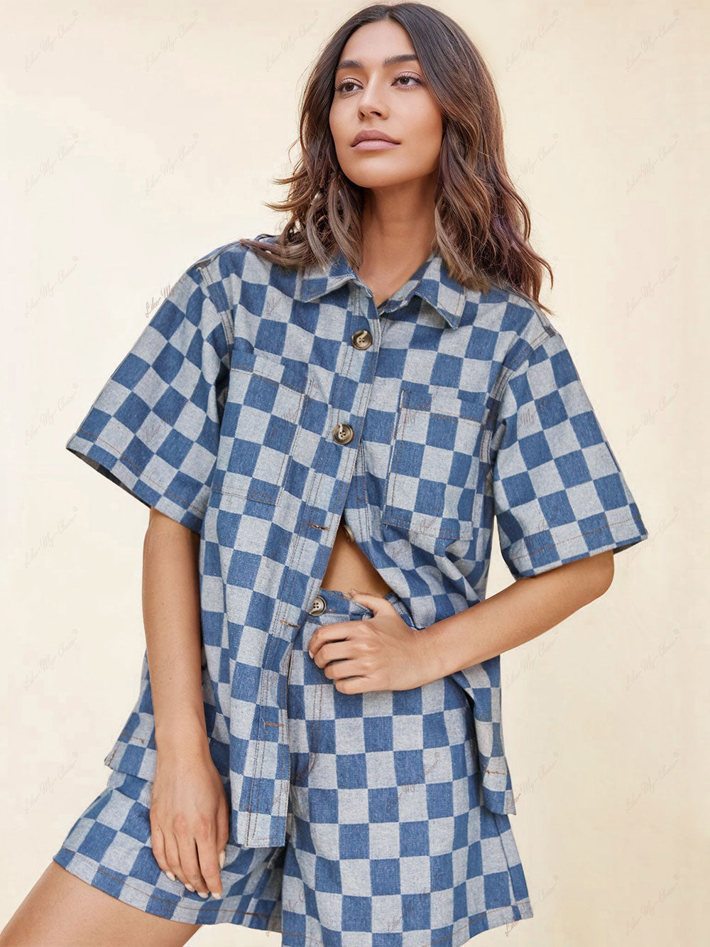 Loose Check Print Denim Shirt