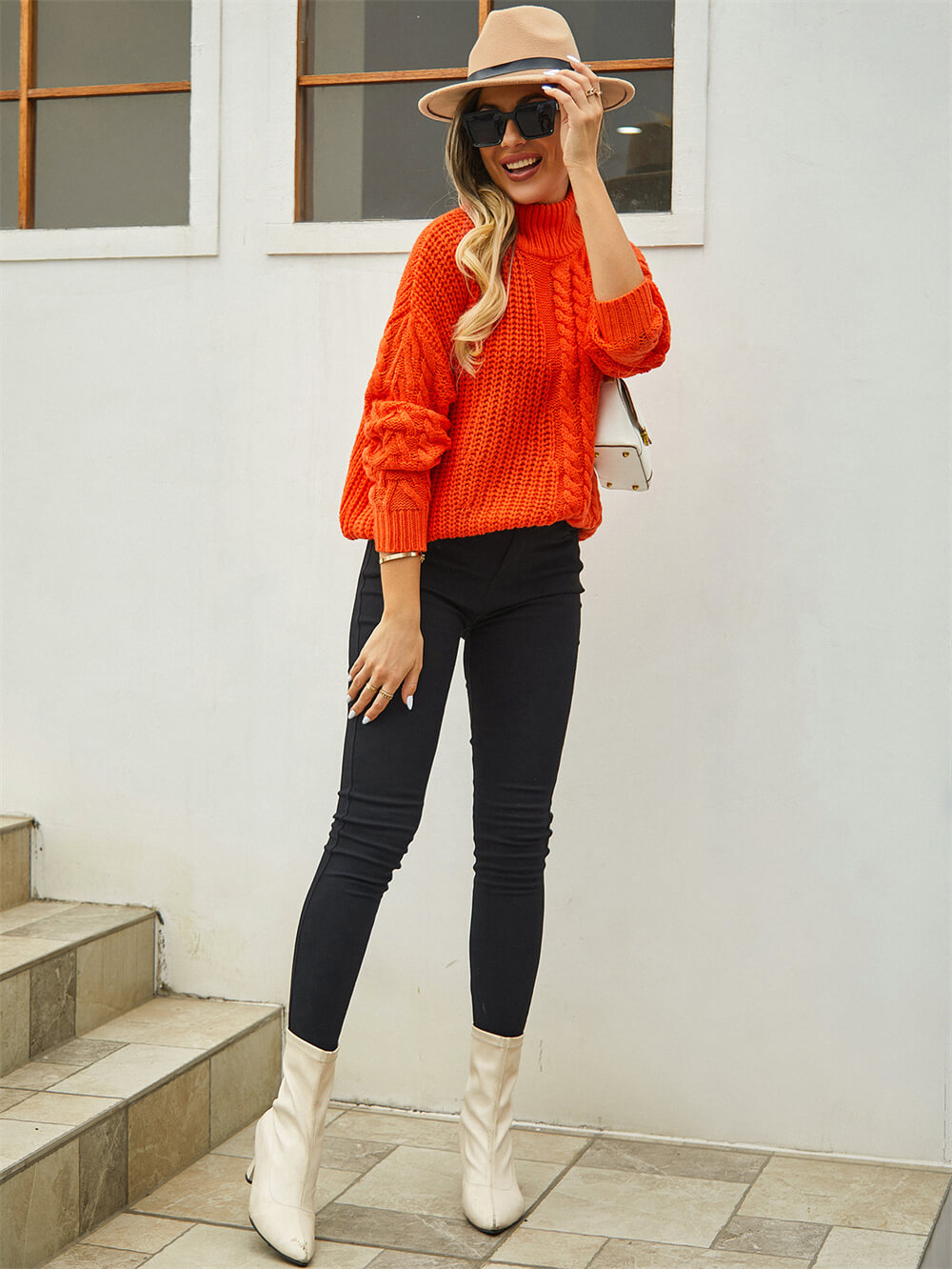 Corey Relaxed Cable Knit Sweater - Orange