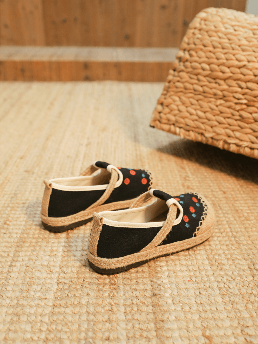 CACTUS ROSE | STAR EYE EMBROIDERED LINEN ESPADRILLE - BLACK