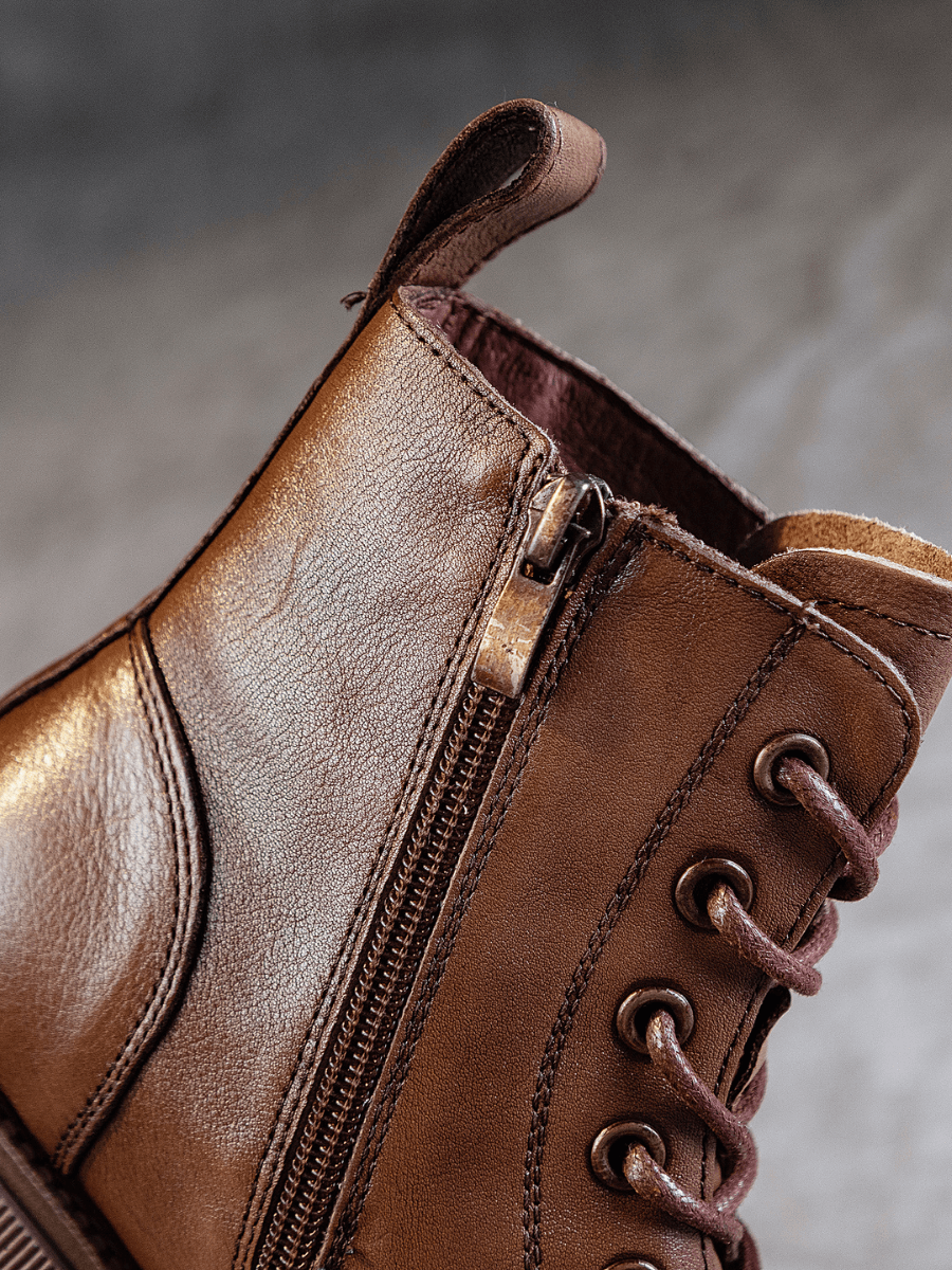 RUMOUR HAS IT | ZIP UP LEATHER COMBAT BOOT - BROWN