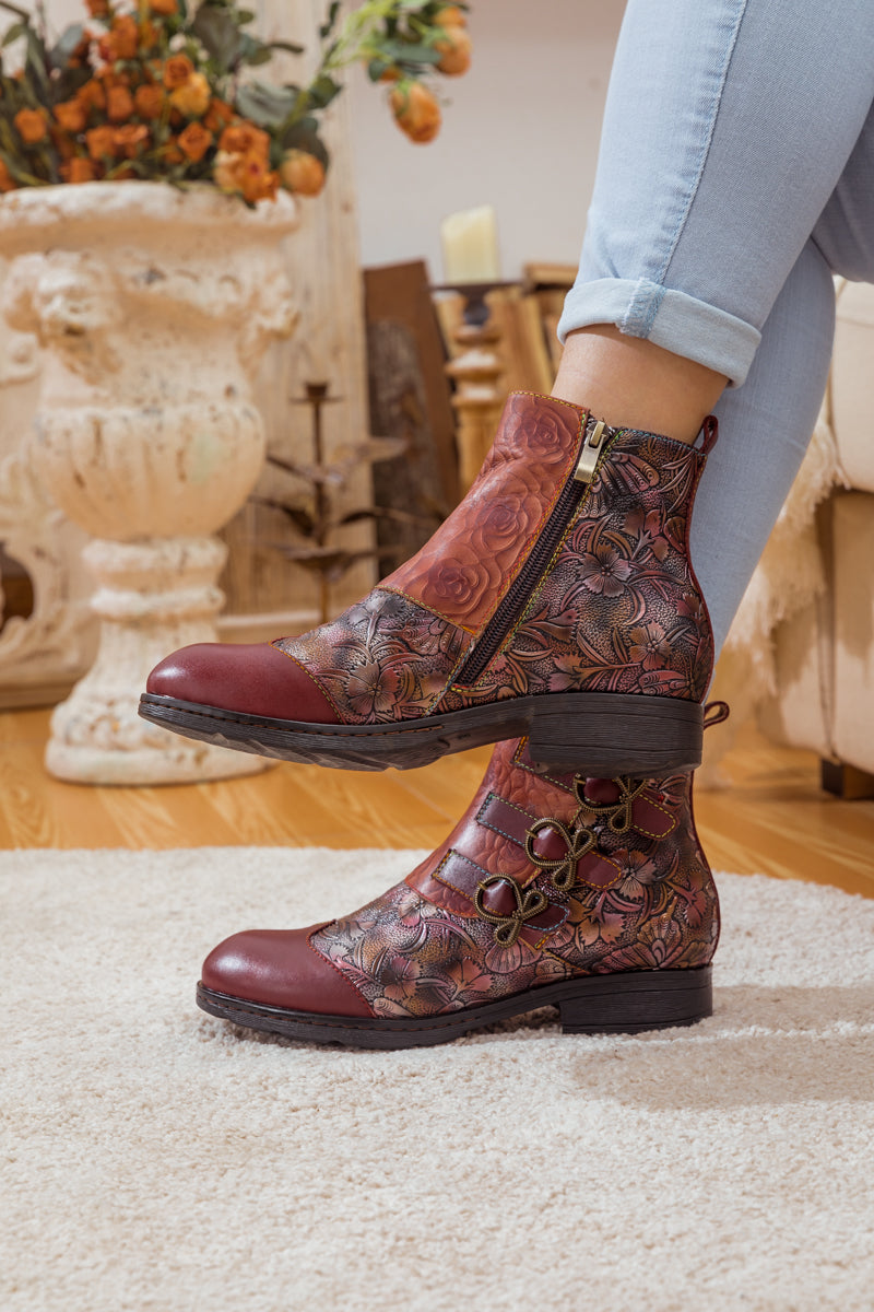 SOFFIA | ROSE GARDEN EMBOSSED LEATHER STRAP BOOT - CLARET