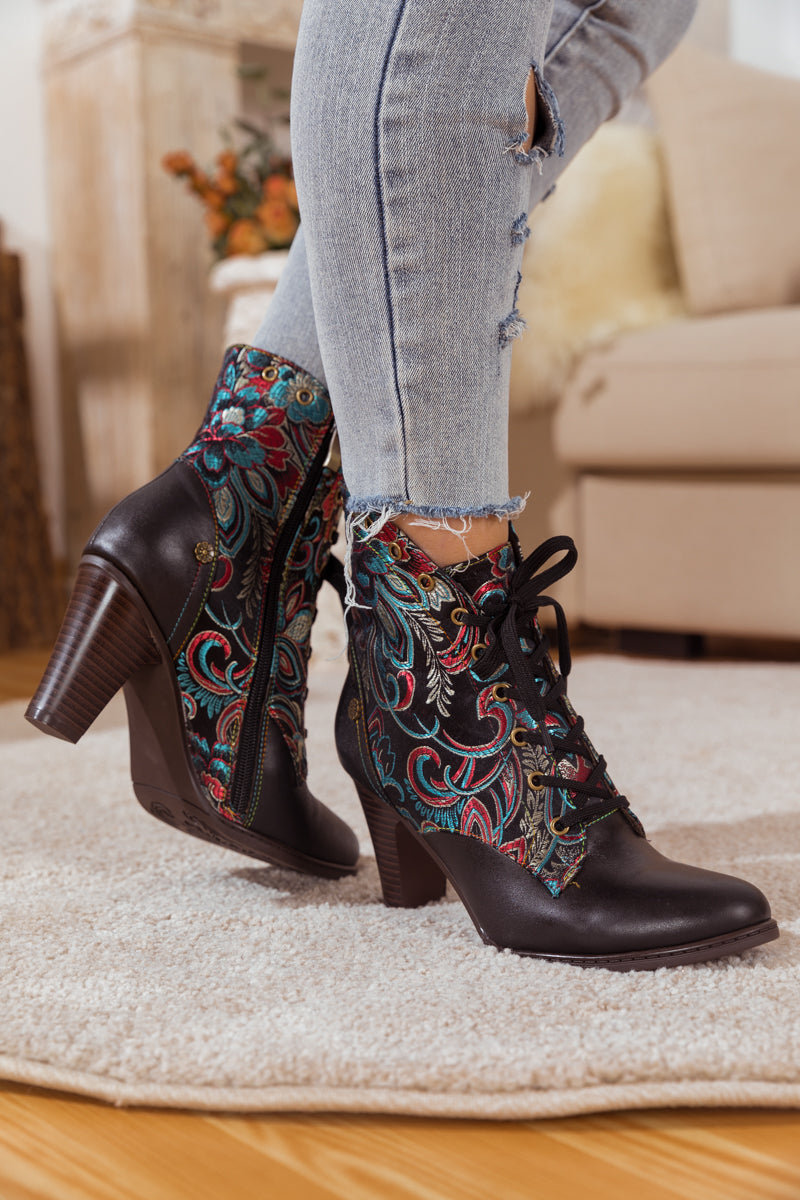 SOFFIA | BLACK FLORAL EMBROIDERED LEATHER BOOTIE