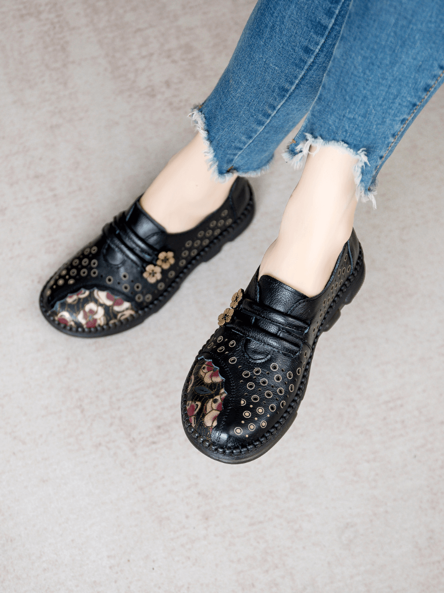 RUMOUR HAS IT | PERFORATED UPPER FLORAL EMBOSSED LEATHER LOAFER  - BLACK