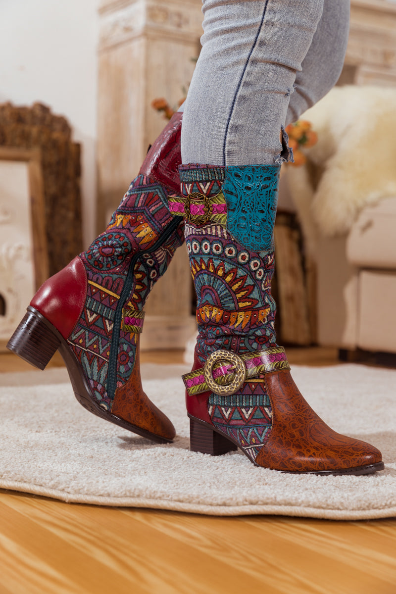 SOFFIA | BROWN PATCHWORK LEATHER KNEE BOOT