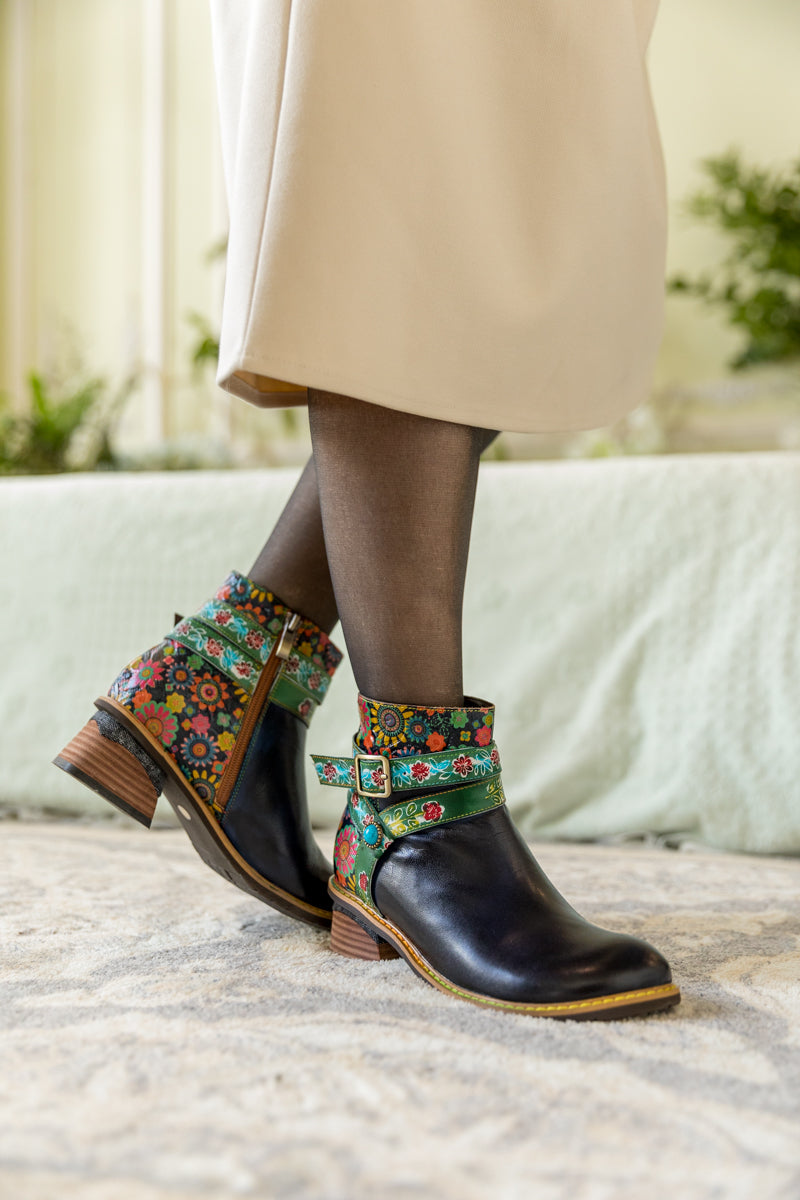 SOFFIA | ABSTRACT FLORAL STRAP LEATHER ANKLE BOOT