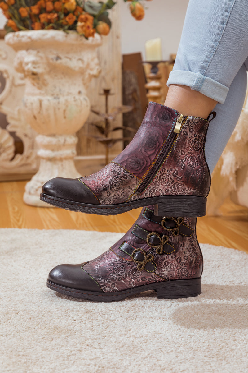 SOFFIA | ROSE GARDEN EMBOSSED LEATHER STRAP BOOT - BROWN