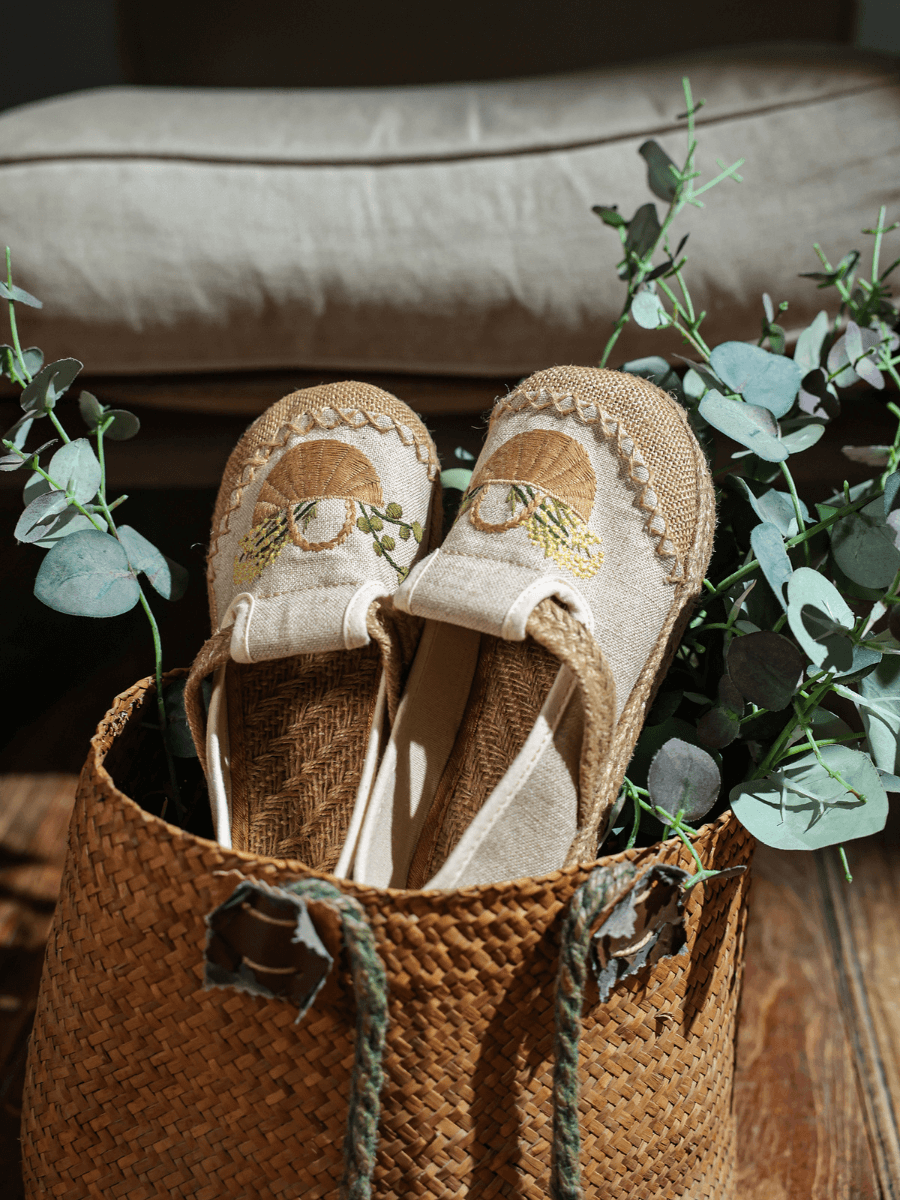 CACTUS ROSE | BASKET EMBROIDERED LINEN ESPADRILLE LOAFER - BEIGE