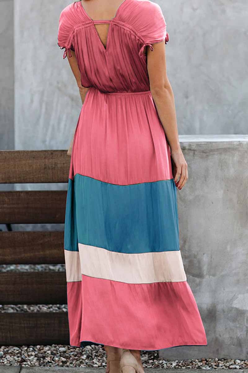 Chicindress Summer Loose Multicolor Stitching V-Neck Short Sleeves Midi Dress