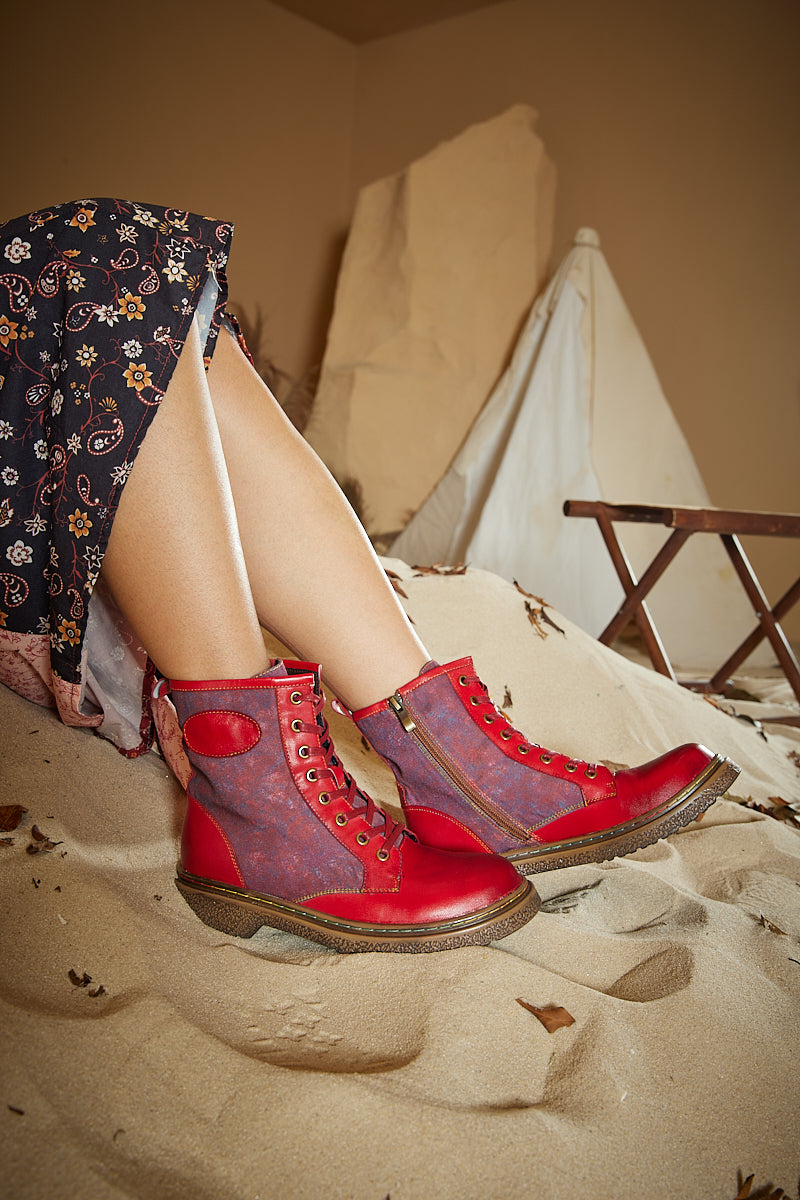 Soffia | Hot Stepper Leather Combat Boots - Red