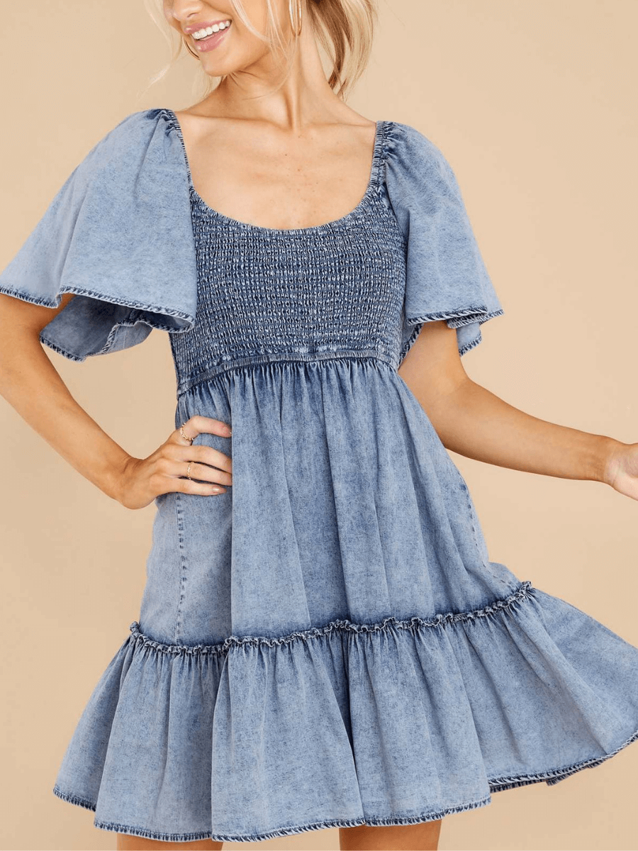 BILLY DENIM SMOCKED BABYDOLL MINI DRESS