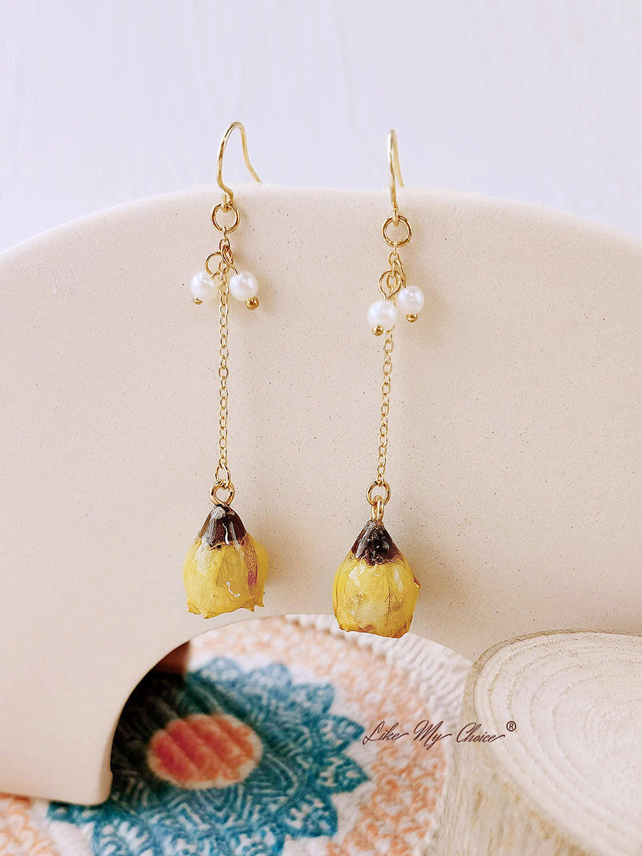 Pressed Flower Earrings - Pearl Rose Bud