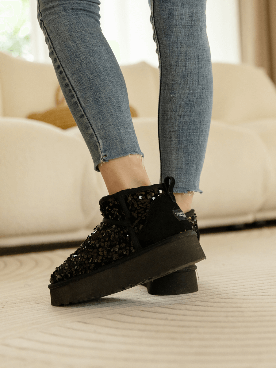 Smaibulun Ugg | Mini Glitter Low Ankle Platform Boots - Black