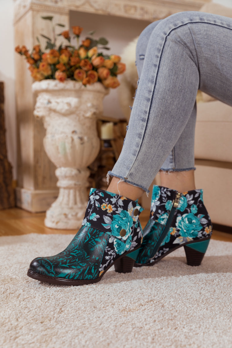 SOFFIA | TURQUOISE FLORAL ABSTRACT LEATHER BOOTIE