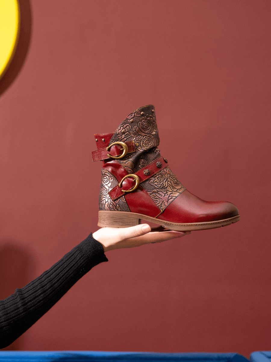 Soffia | Nicolette Rivet Stud Leather Moto Boots - Claret