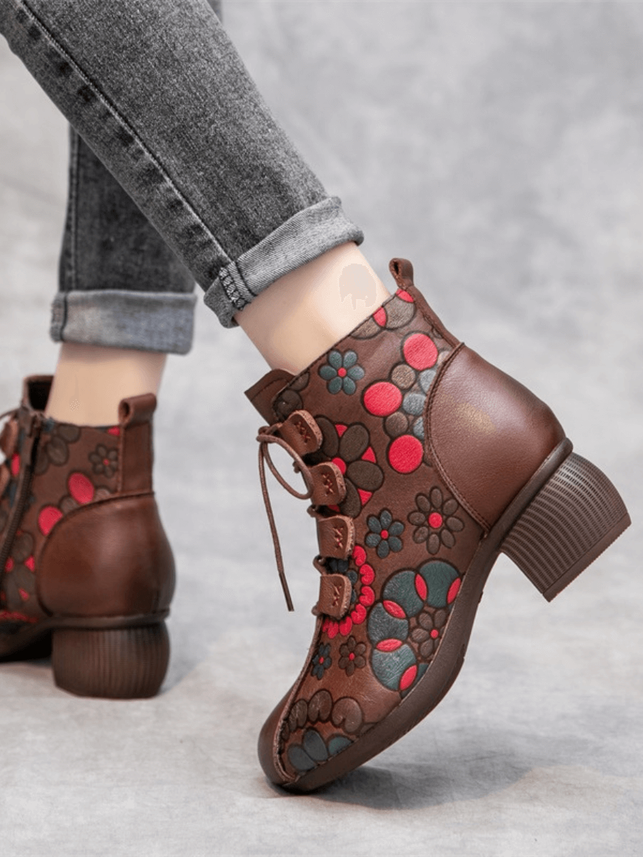 RUMOUR HAS IT | LACE-UP FLORAL EMBOSSED LEATHER BOOT - BROWN