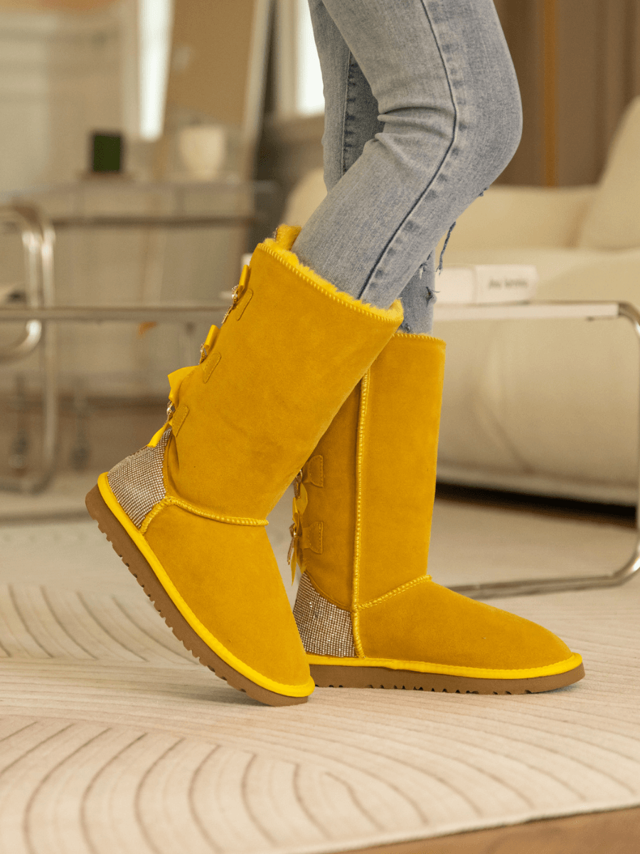 SMAIBULUN Ugg | Rhinestone Ribbon Tri-Tie Bow Suede Boots - Yellow