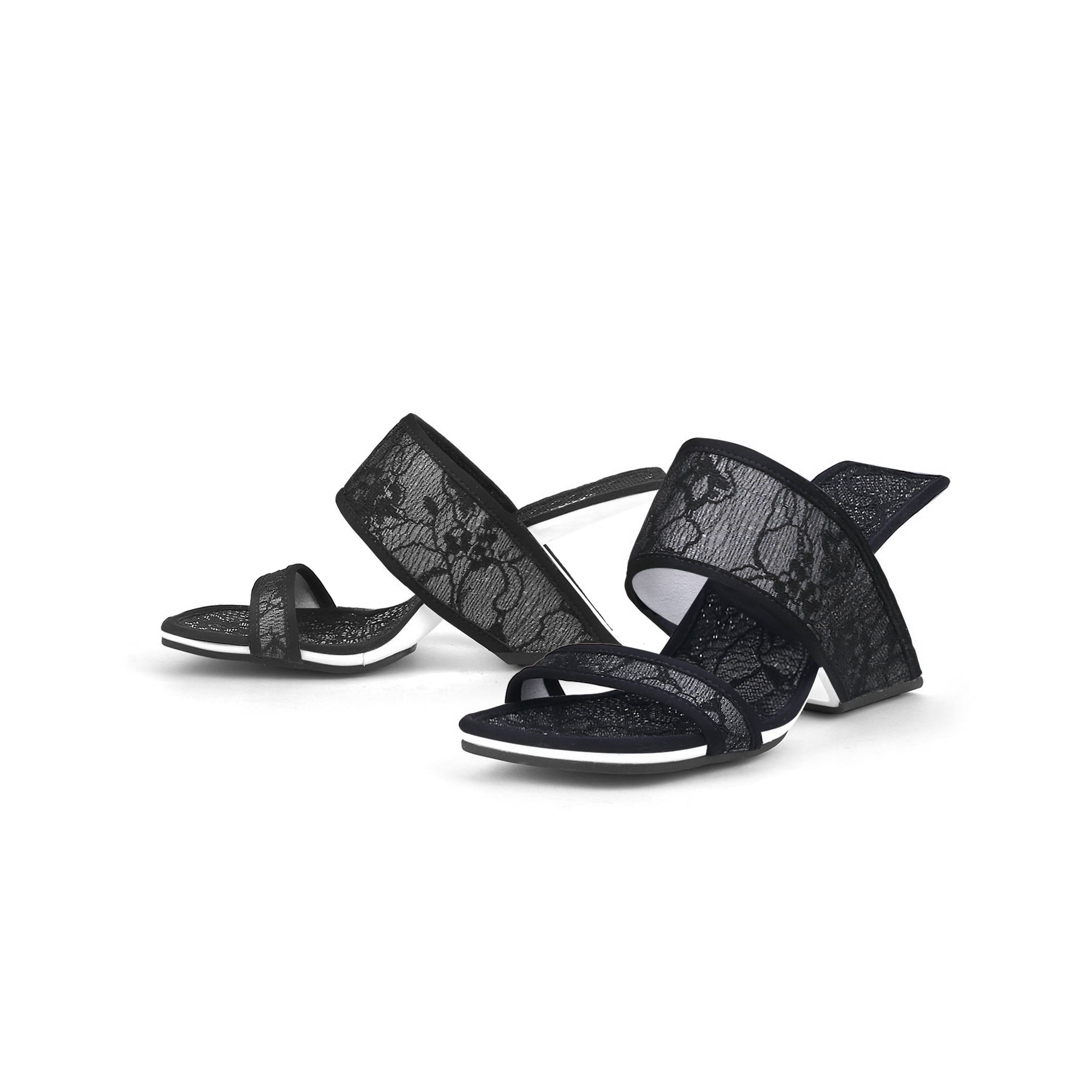 JADY ROSE | CAMELLIA LACE UPPER LEATHER HEELED SANDAL - BLACK