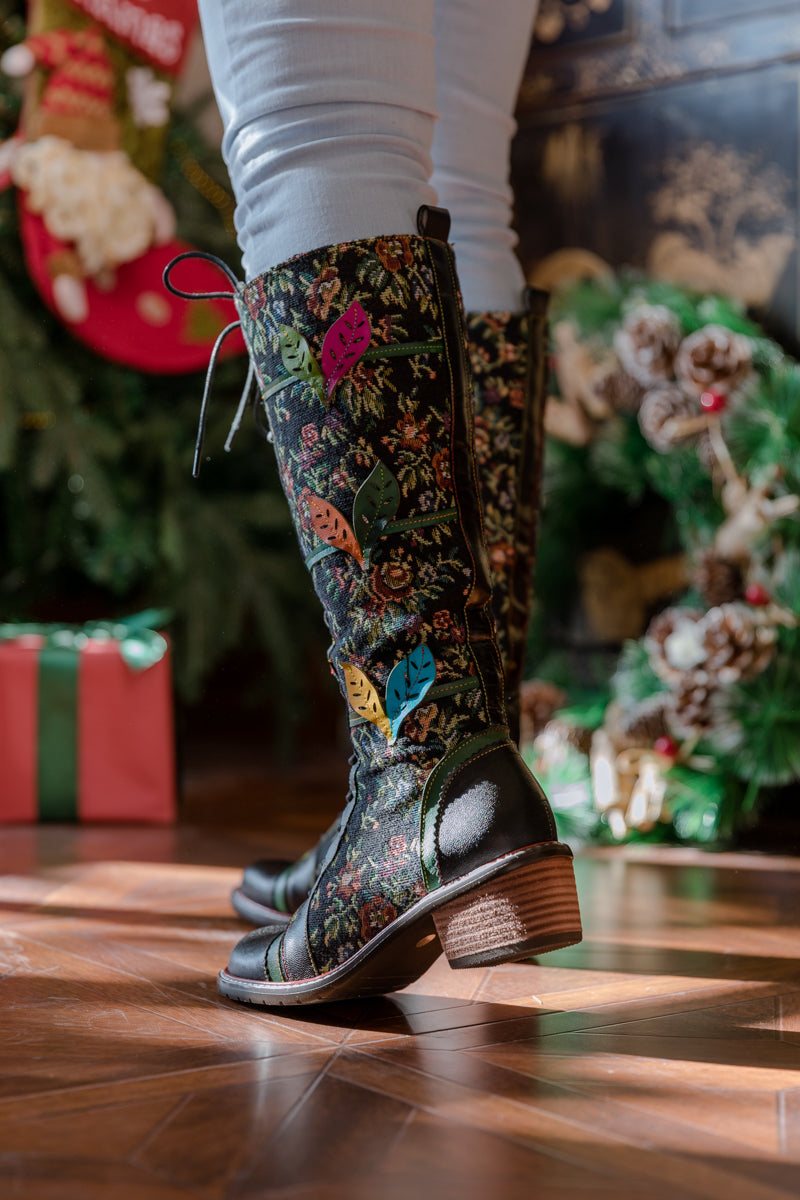 SOFFIA | FLORAL PATCHWORK APPLIQUE LEATHER CANVAS BOOT