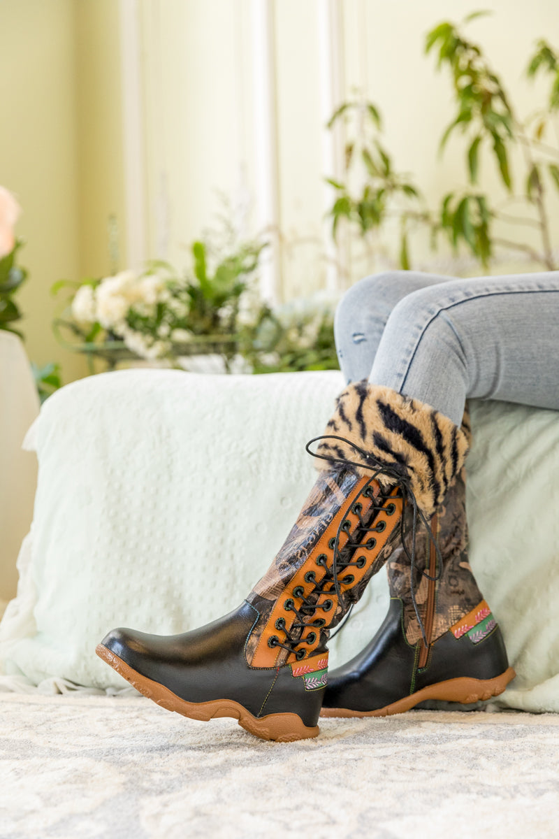 SOFFIA | TIGER PATTERN FUR CIRCUM LEATHER TIE-ACCENT BOOT