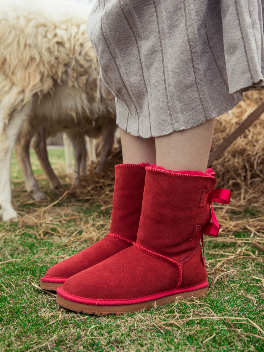 SMAIBULUN Ugg | DOUBLE RIBBON BOW SUEDE BOOT - Red