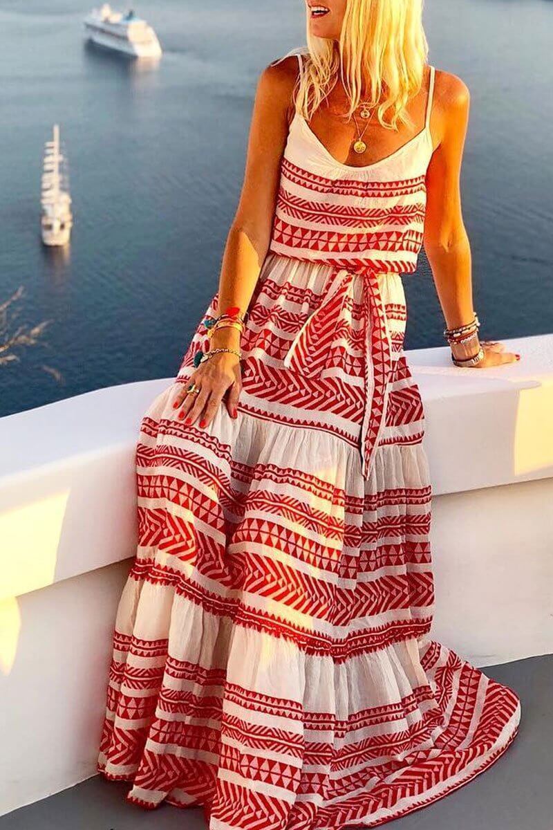 Chicindress Geometric Printed Loose Ankle Maxi Dress(4 Colors)