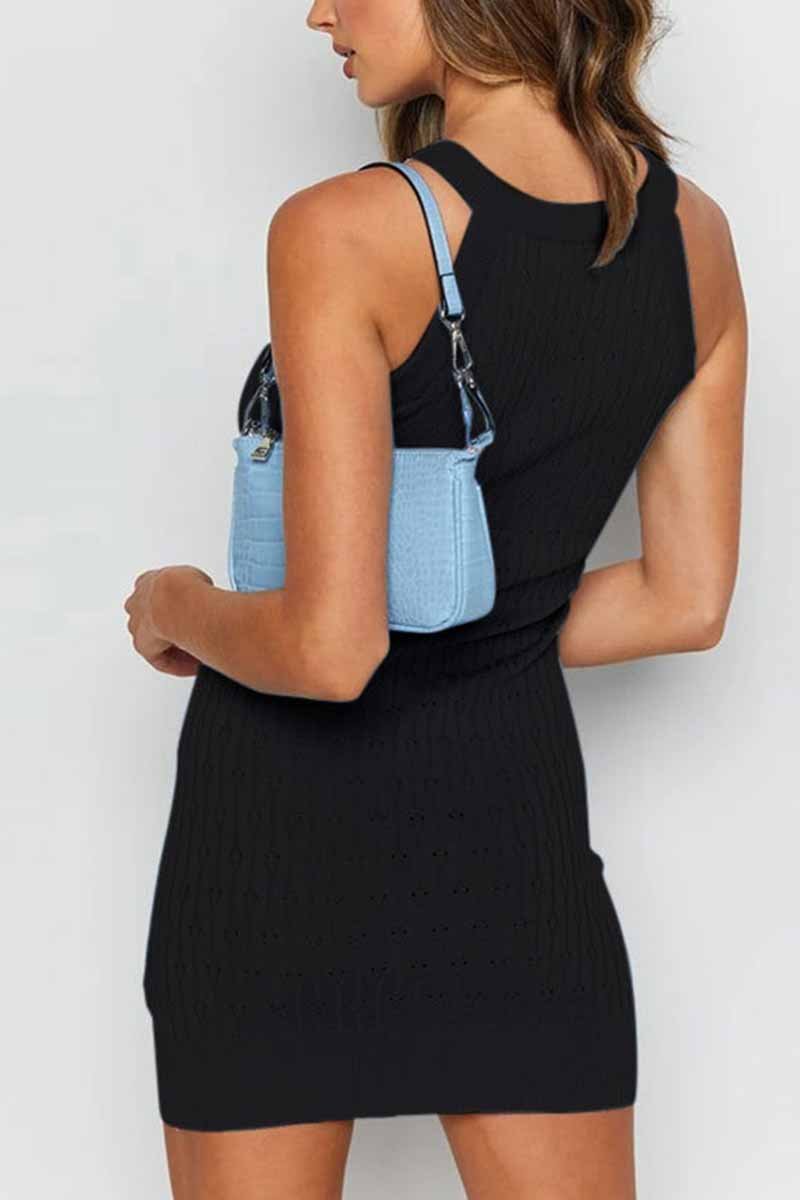 Chicindress Solid Color Sleeveless Striped Knitted Bag Hip Mini Dress