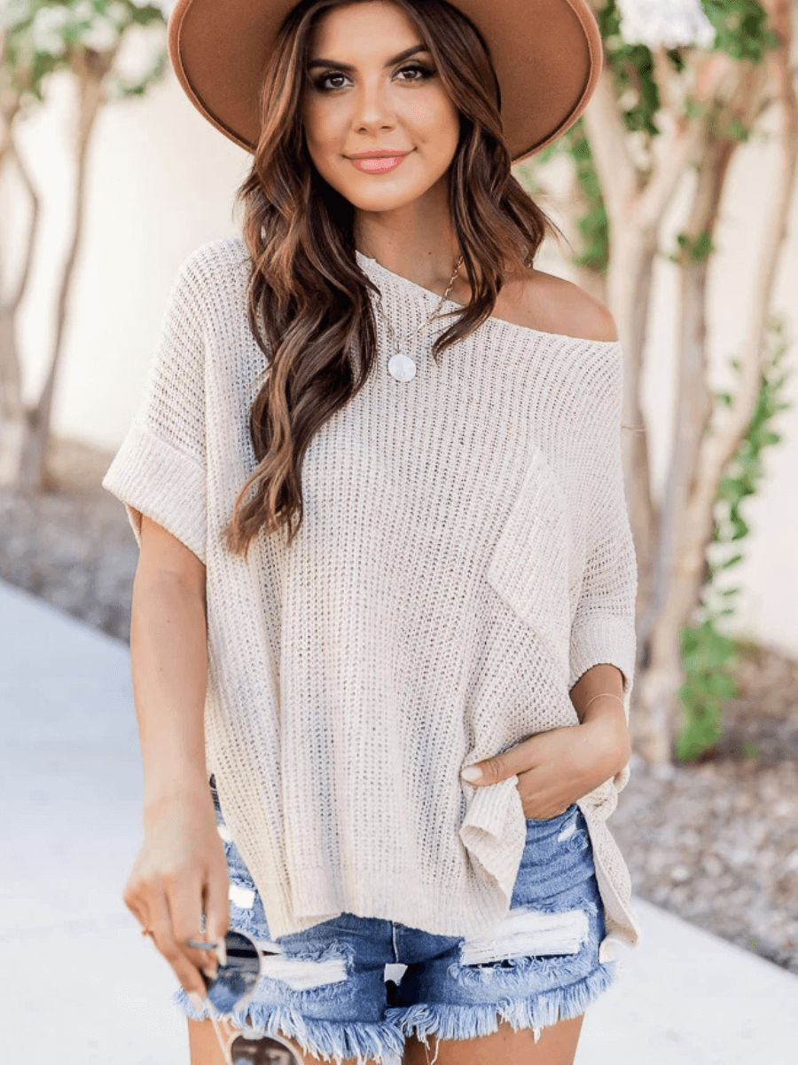 DEMETRA RIBBED KNIT SWEATER - BEIGE