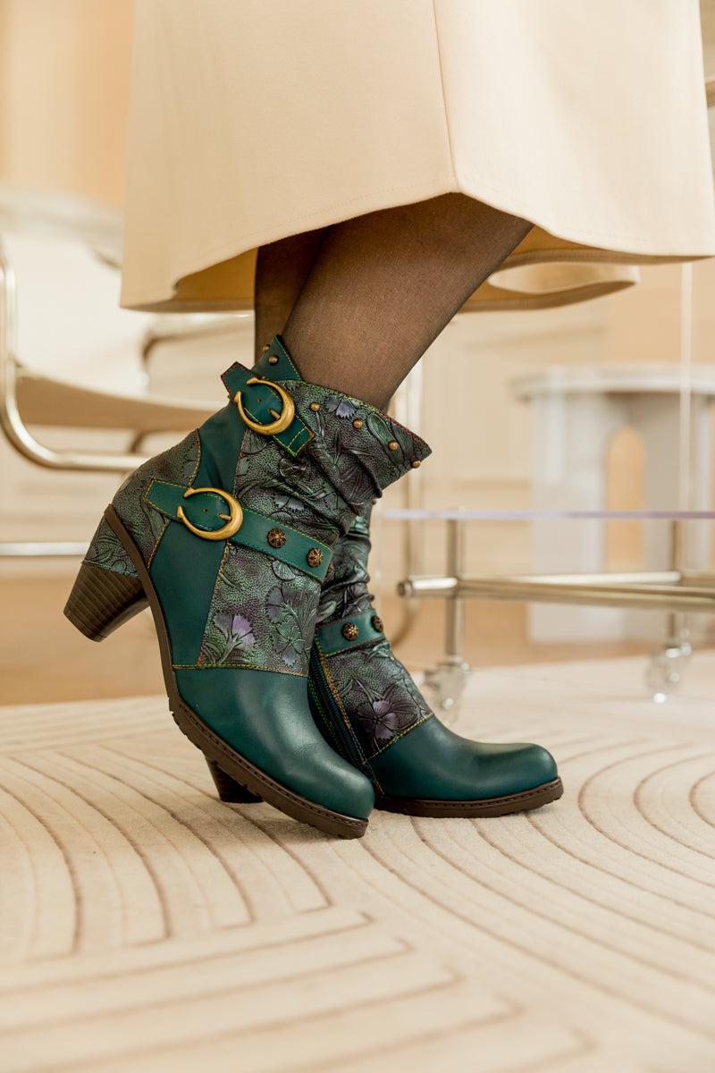 SOFFIA | FLORAL EMBOSSED BUCKLE UP LEATHER BOOTIE - TEAL