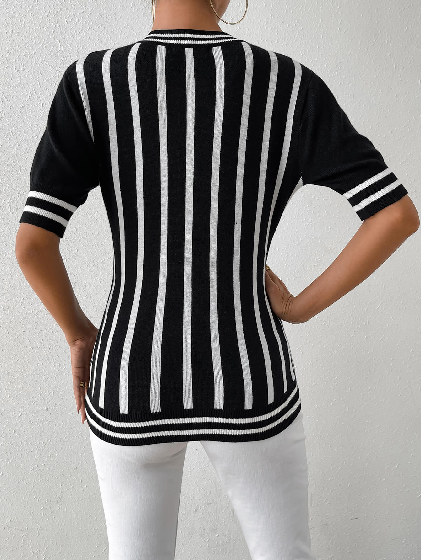 Colette Striped Short Sleeve Knit Top - Black