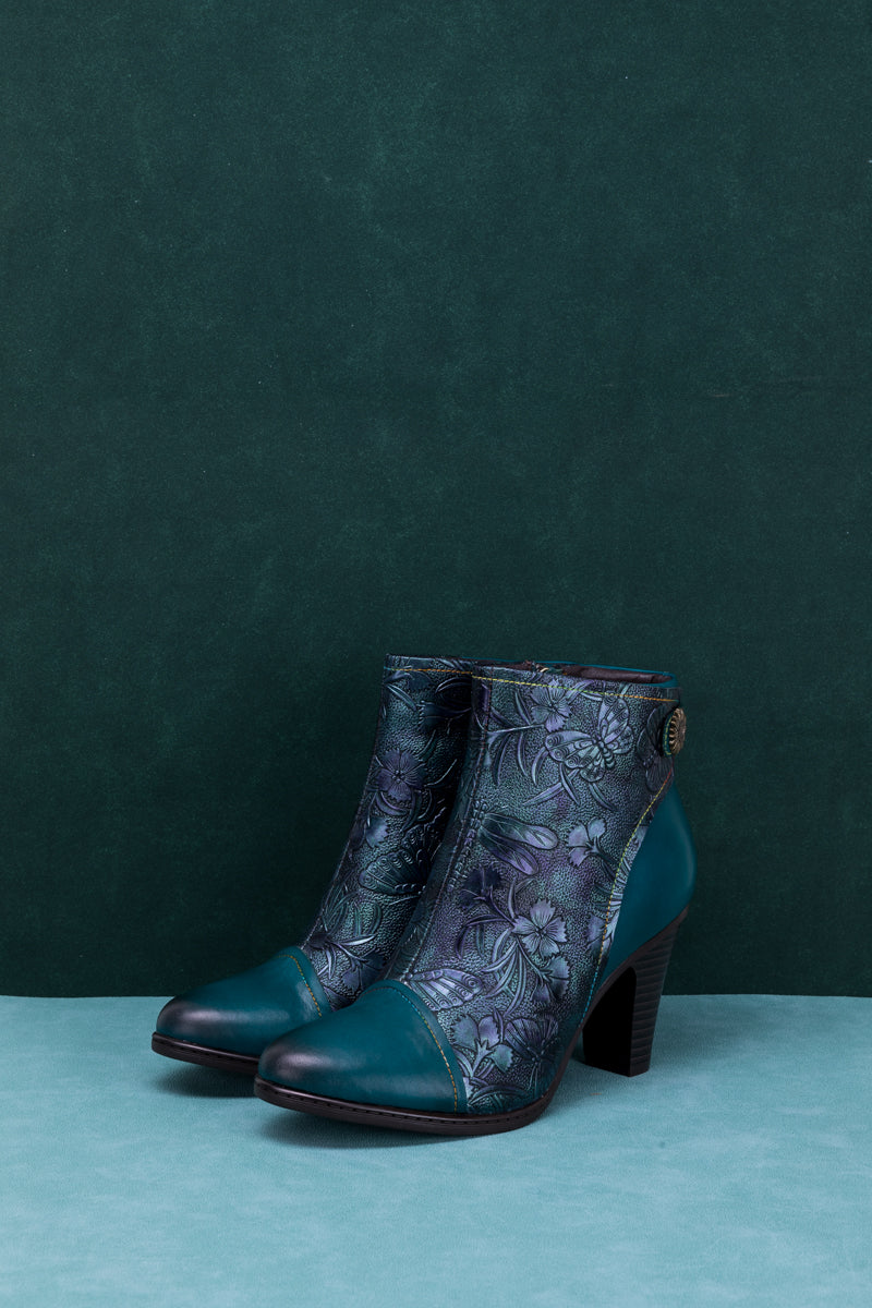 SOFFIA | FLORAL EMBOSSED METALLIC LEATHER ANKLE BOOT - TEAL