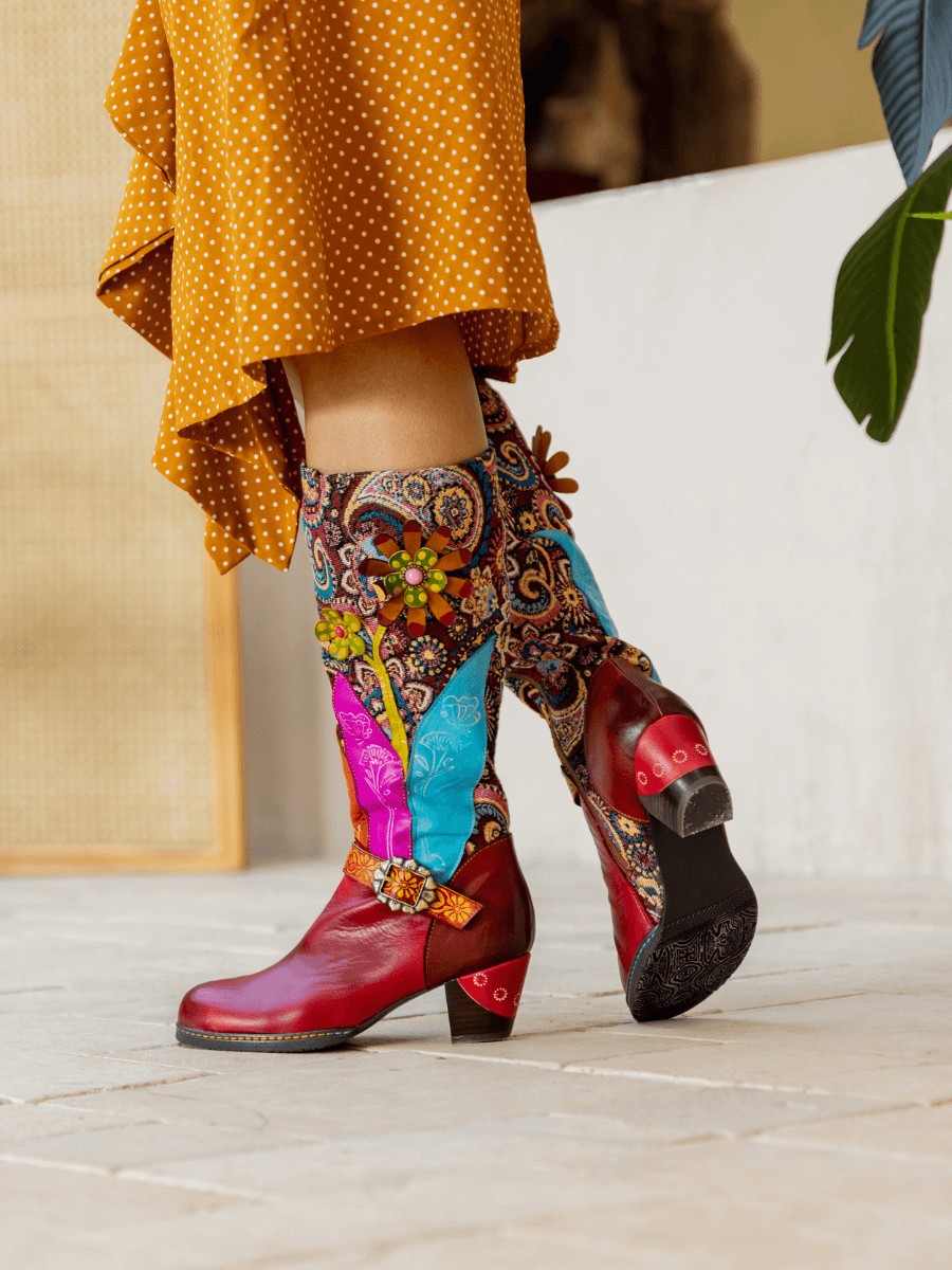 Soffia | Brycen Abstract Swirl Print Floral Applique Leather Boots