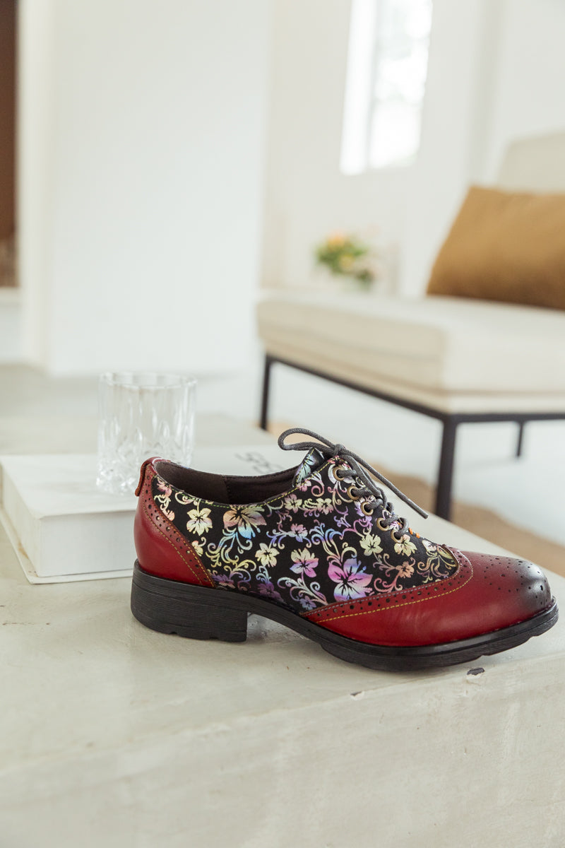 SOFFIA | Brown Floral Print Leather Brogues Oxford