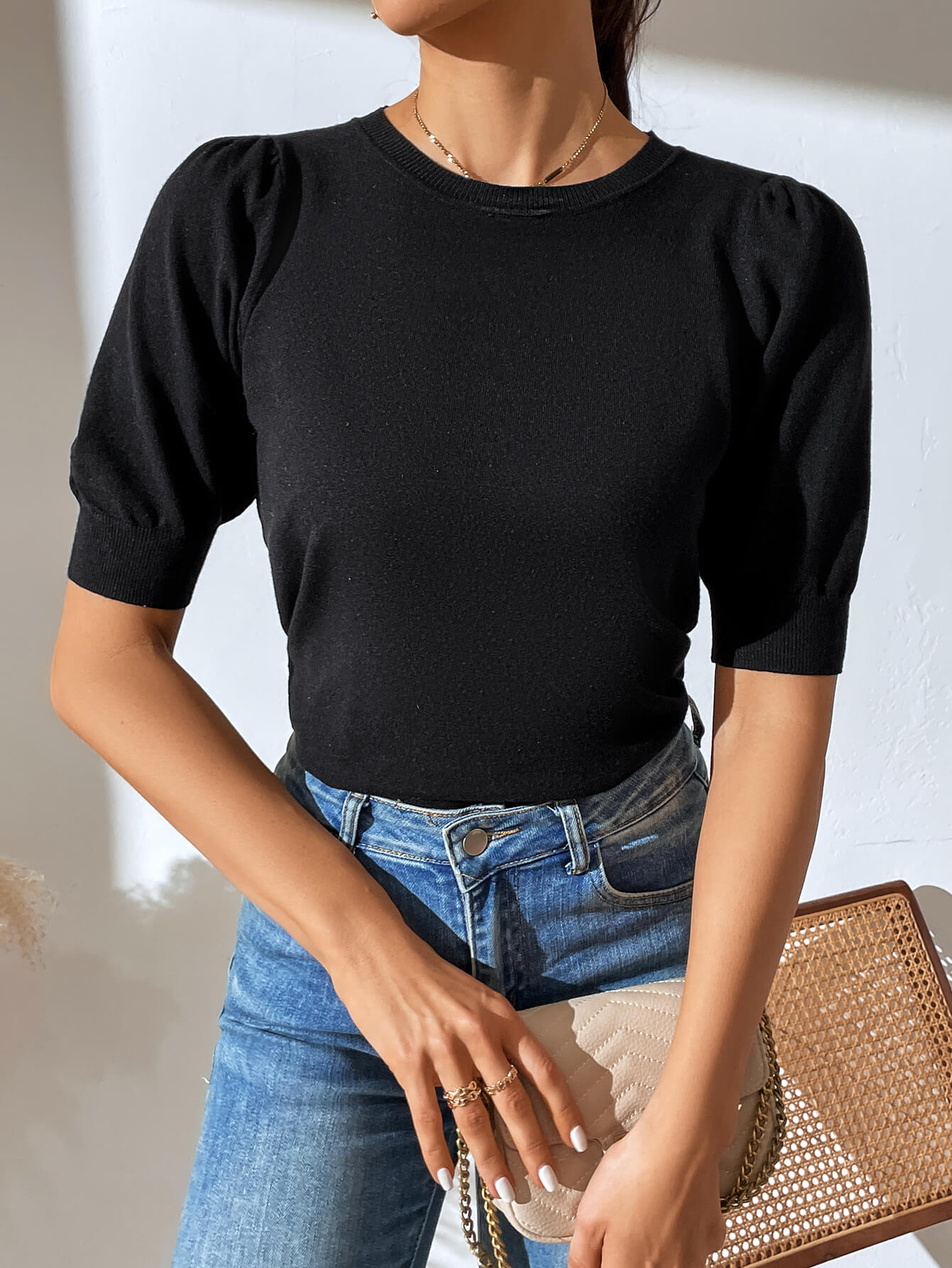 HALO SHORT SLEEVE COTTON BLEND KNIT TOP - BLACK