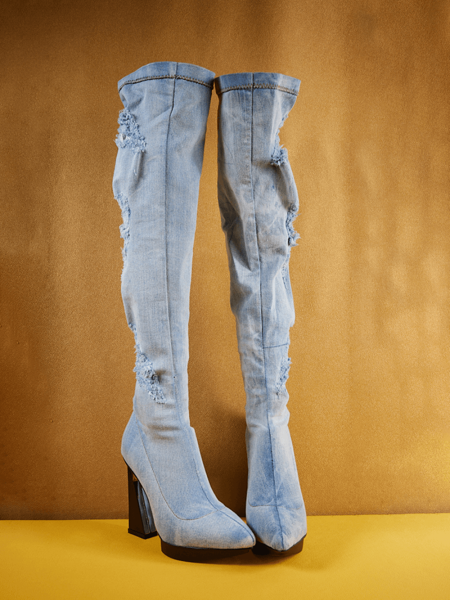 Jady Rose | Cosmia Over-Knee Distressed Denim Heel Boots