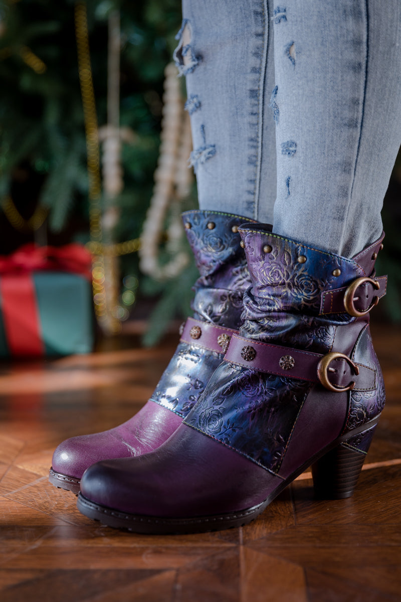 SOFFIA | FLORAL EMBOSSED BUCKLE UP LEATHER BOOTIE - PURPLE