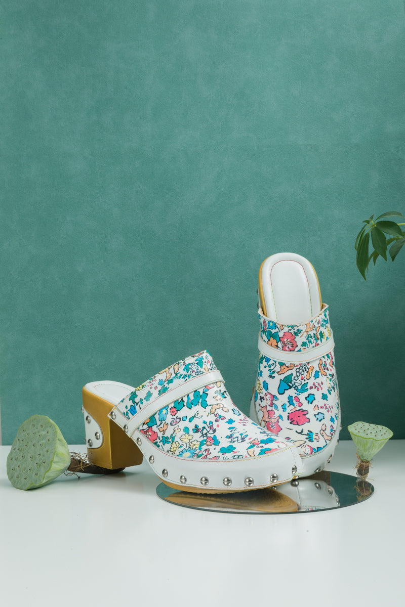 SOFFIA | GRAFFITI FLORAL PATTERNED LEATHER CLOG WHITE