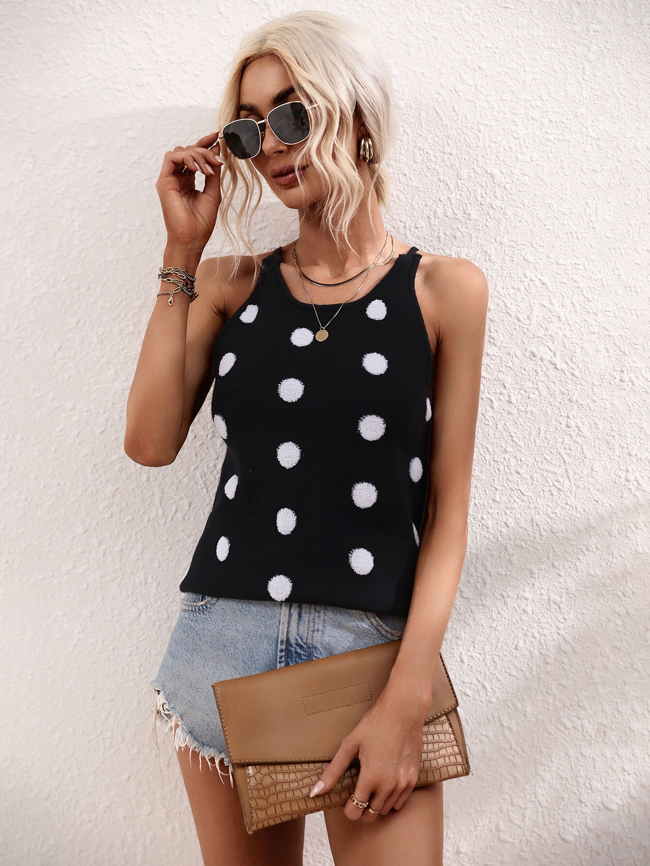 SURF SEASON KNIT POLKA DOT PATTERN TANK - BLACK