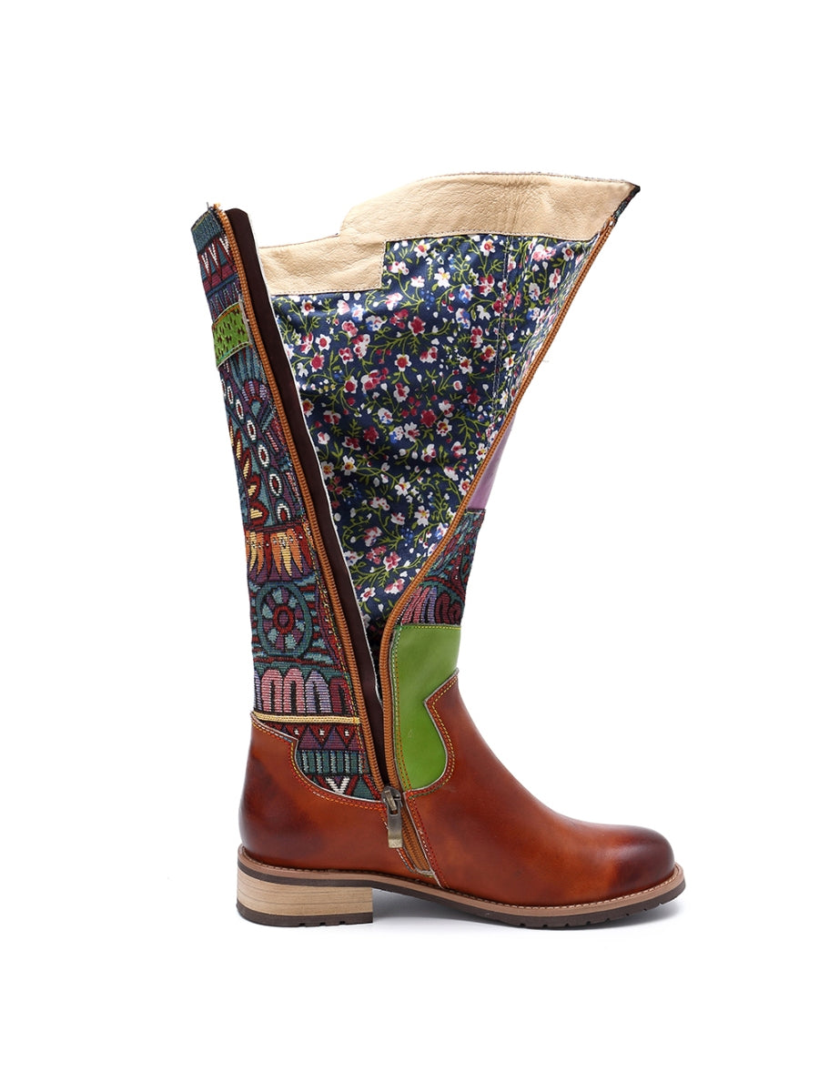 SOFFIA | BROWN GEOMETRIC PRINT LEATHER KNEE BOOTS