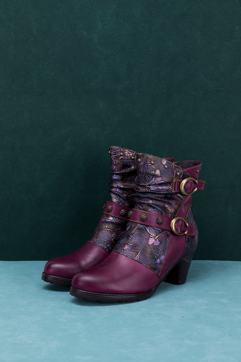 SOFFIA | FLORAL EMBOSSED BUCKLE UP LEATHER BOOTIE - VIOLET