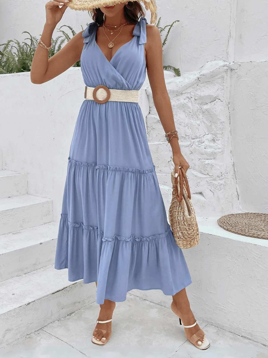 Riko Shoulder Tie Tired Midi Dress