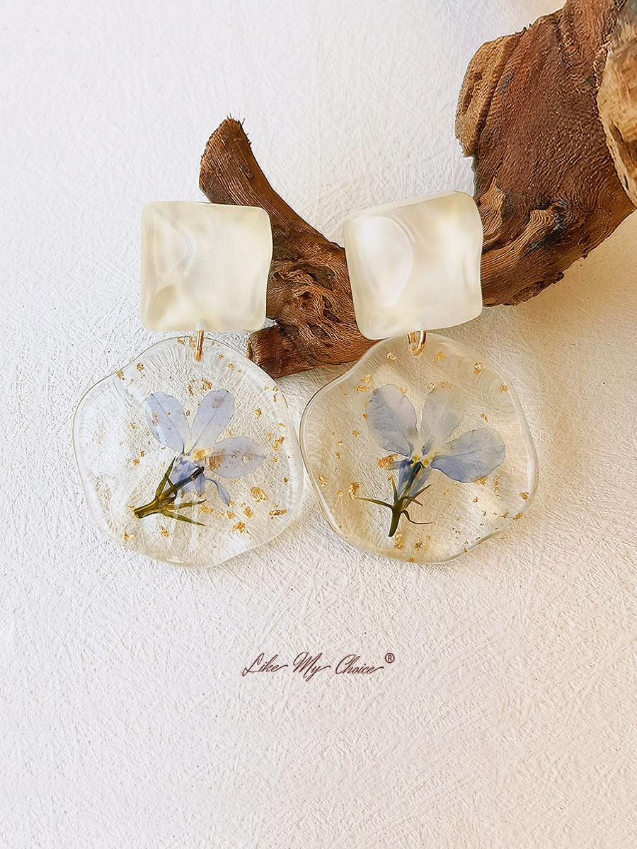 Pressed Flower Earrings - Epoxy Vintage Blue Romantic