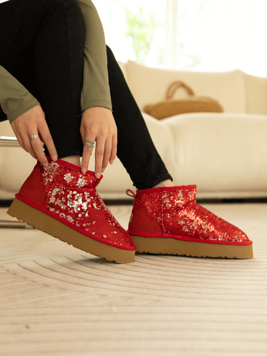 Smaibulun Ugg | Mini Glitter Low Ankle Platform Boots - Red