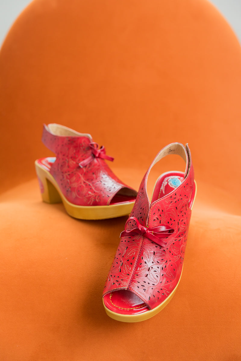 SOFFIA | RED FLORAL PERFORATED GENUINE LEATHER SANDAL