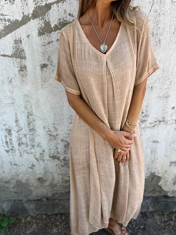 Cotton and Linen V-neck Midi Dress