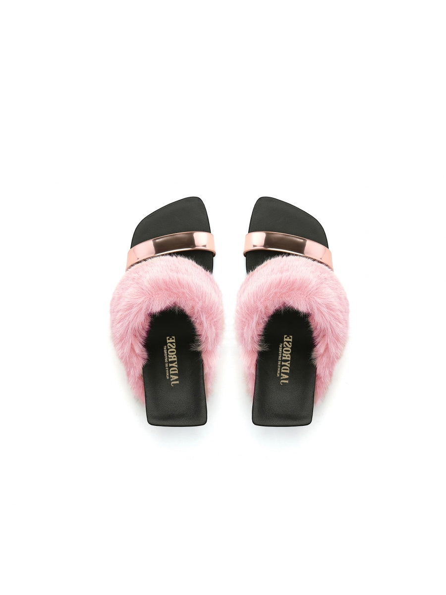 JadyRose | Faux Fur Strap Leather Wedge Sandal - Baby Pink