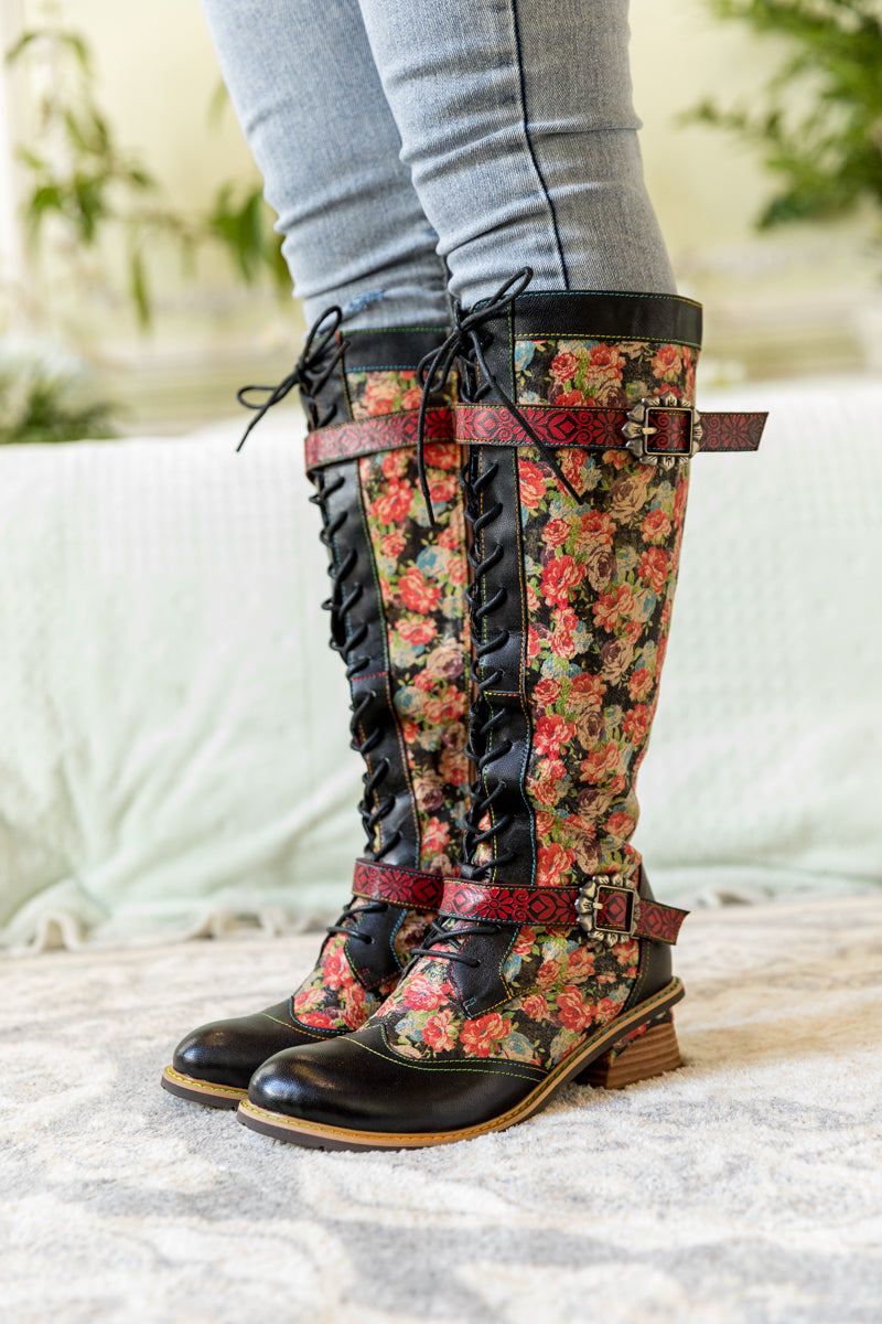 SOFFIA | BLOOMING FLORAL TIE-ACCENT LEATHER KNEE HIGH BOOT