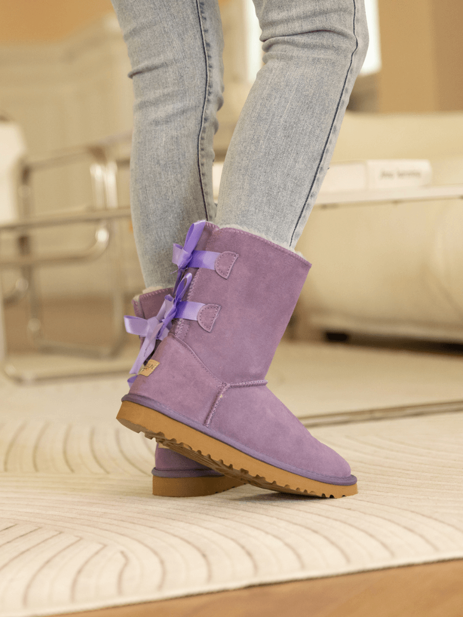 Smaibulun Ugg | Double Ballet Ribbon Bow Suede Shearling Boots - Lavender