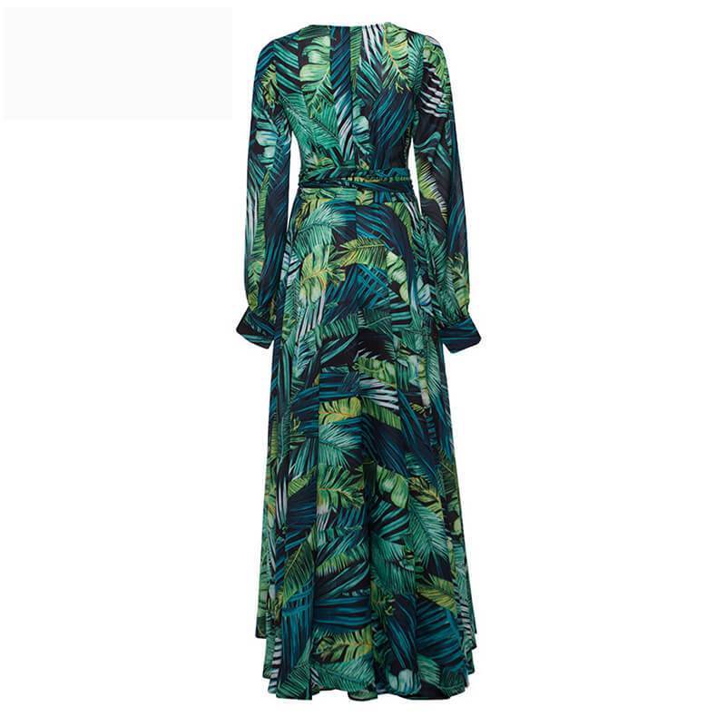 Chicindress V-Neck Leaf Print Maxi Dress