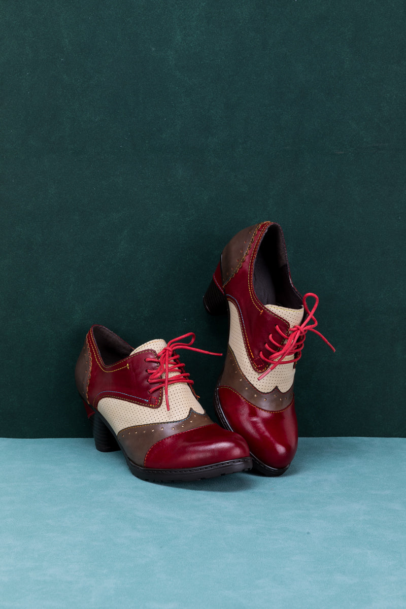 SOFFIA | COLOR BLOCK BLOCK HEEL LEATHER OXFORD - RED