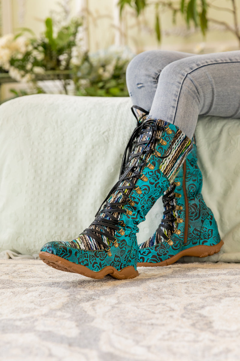 SOFFIA | ROSE EMBOSSED TEAL LEATHER TIE-ACCENT BOOT